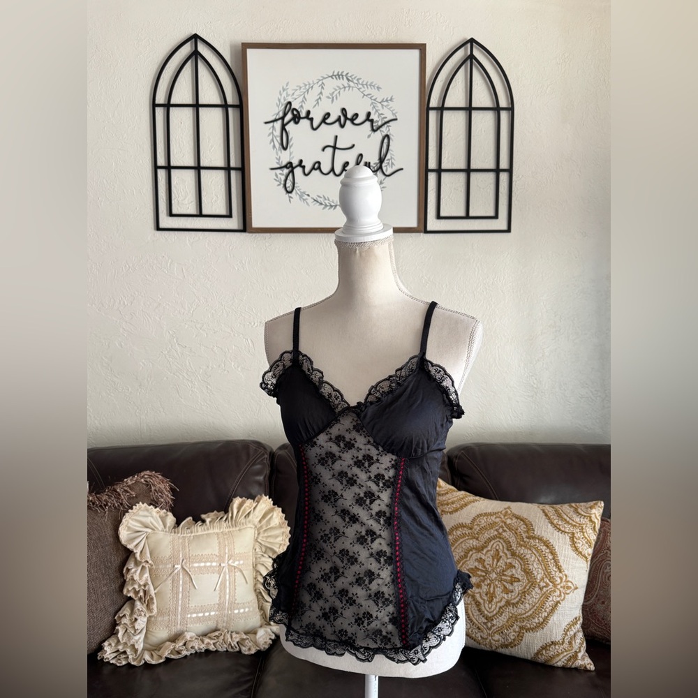 Vintage Nan Flower Floral Black Lace & Red Ribbon Camisole Top Size M - Picture 7 of 11
